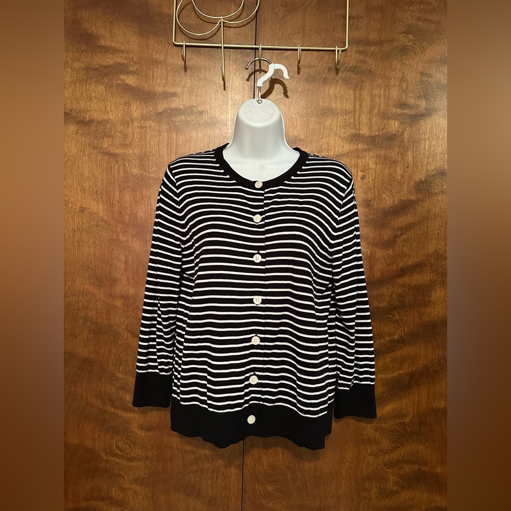 LOFT Crew Neck Cotton Cardigan Sweater Womens M Black & White Stripes 3/4 Sleeve